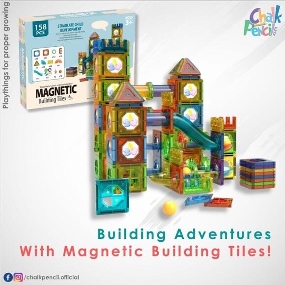 158 Piece Magnetic Tiles Building Blocks Set Ball Run Creative STEM Toys Age 3+ - Picture 1 of 10